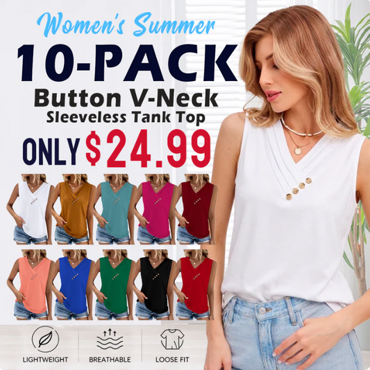 Women Summer Button Down V Neck T Shirts Sleeveless Loose Fit Fashion Tops