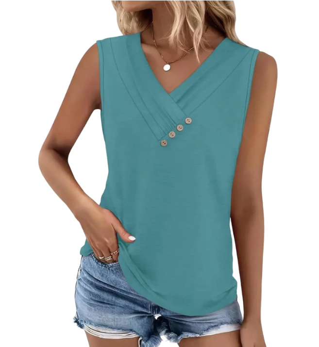 Women Summer Button Down V Neck T Shirts Sleeveless Loose Fit Fashion Tops