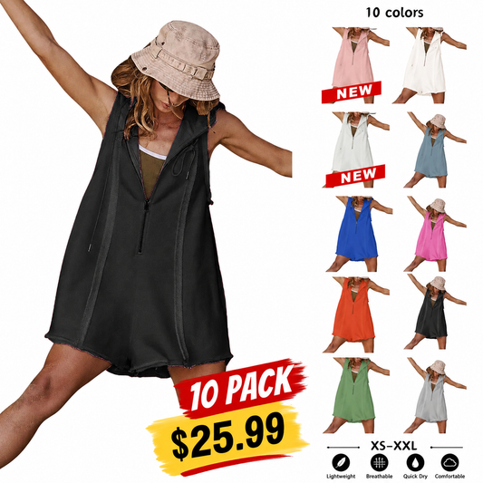 ✨Women's Sleeveless Hooded Half-Zip V-Neck Loose Shorts Jumpsuit with Pockets, Athleisure Style Minimalist Basic Workout Jumpsuit for Summer Casual Fitness Outfits,summerwins,summeroutfits,vacationoutfits,bathingsuitwomenset,beachoutfits✨