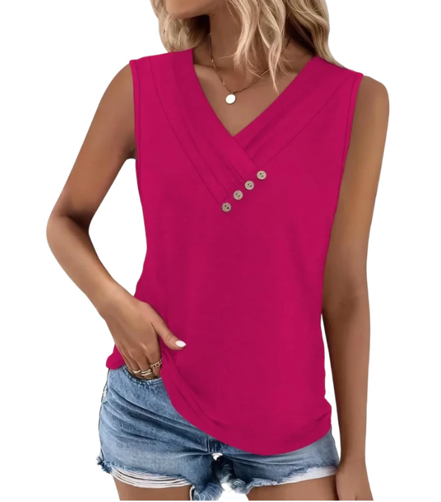 Women Summer Button Down V Neck T Shirts Sleeveless Loose Fit Fashion Tops