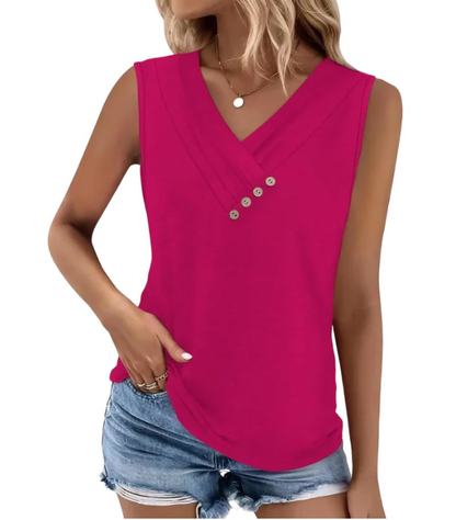 Women Summer Button Down V Neck T Shirts Sleeveless Loose Fit Fashion Tops