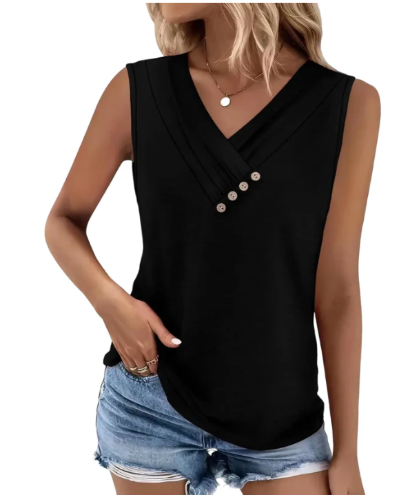 Women Summer Button Down V Neck T Shirts Sleeveless Loose Fit Fashion Tops