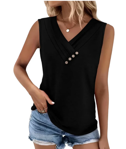 Women Summer Button Down V Neck T Shirts Sleeveless Loose Fit Fashion Tops