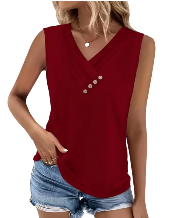 Women Summer Button Down V Neck T Shirts Sleeveless Loose Fit Fashion Tops