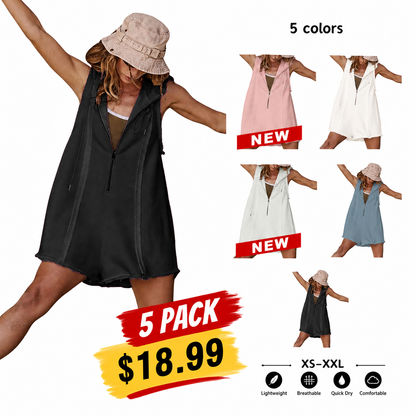 Yeokou Women's Sleeveless Hooded Half-Zip V-Neck Loose Shorts Jumpsuit with Pockets, Athleisure Style Minimalist Basic Workout Jumpsuit for Summer Casual Fitness Outfits,summerwins,summeroutfits,vacationoutfits,bathingsuitwomenset,beachoutfits