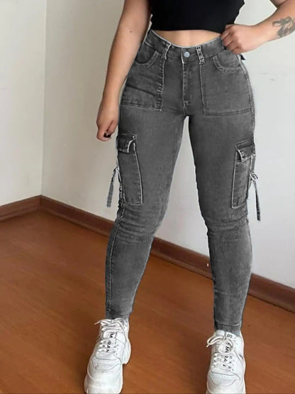 🔥MID YEAR SALE🔥Women's Plain Multi-pocket Denim Elastic Slim Fit Button Cargo Denim Pants