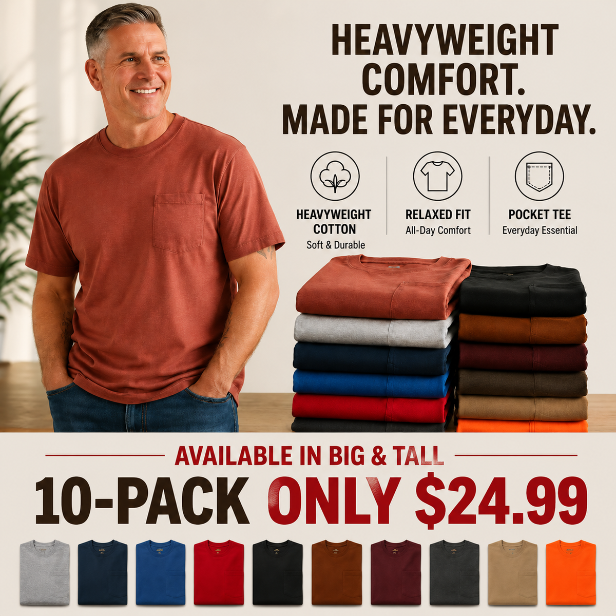 🔥Men's Heavyweight Cotton Pocket T-Shirt – Relaxed Fit Everyday Casual Tee | Big & Tall Available