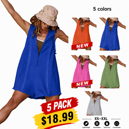 Yeokou Women's Sleeveless Hooded Half-Zip V-Neck Loose Shorts Jumpsuit with Pockets, Athleisure Style Minimalist Basic Workout Jumpsuit for Summer Casual Fitness Outfits,summerwins,summeroutfits,vacationoutfits,bathingsuitwomenset,beachoutfits