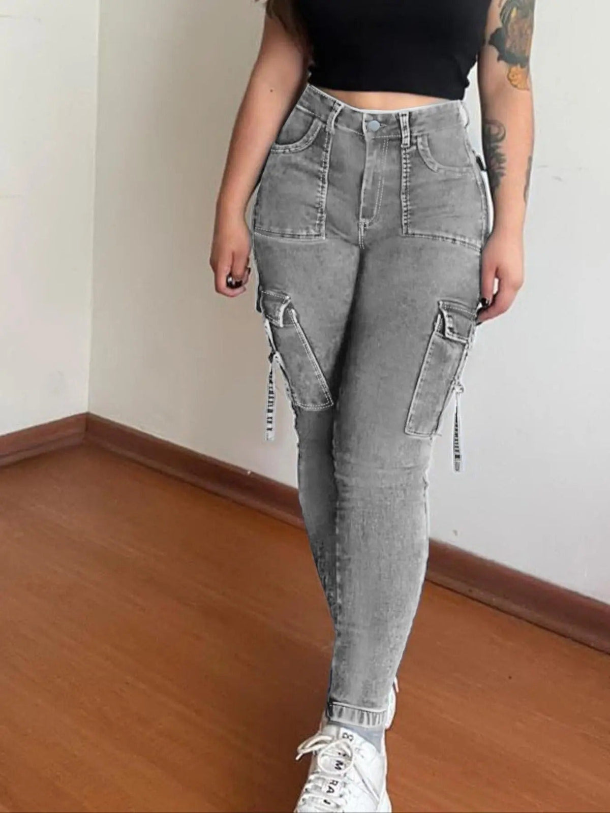 🔥MID YEAR SALE🔥Women's Plain Multi-pocket Denim Elastic Slim Fit Button Cargo Denim Pants