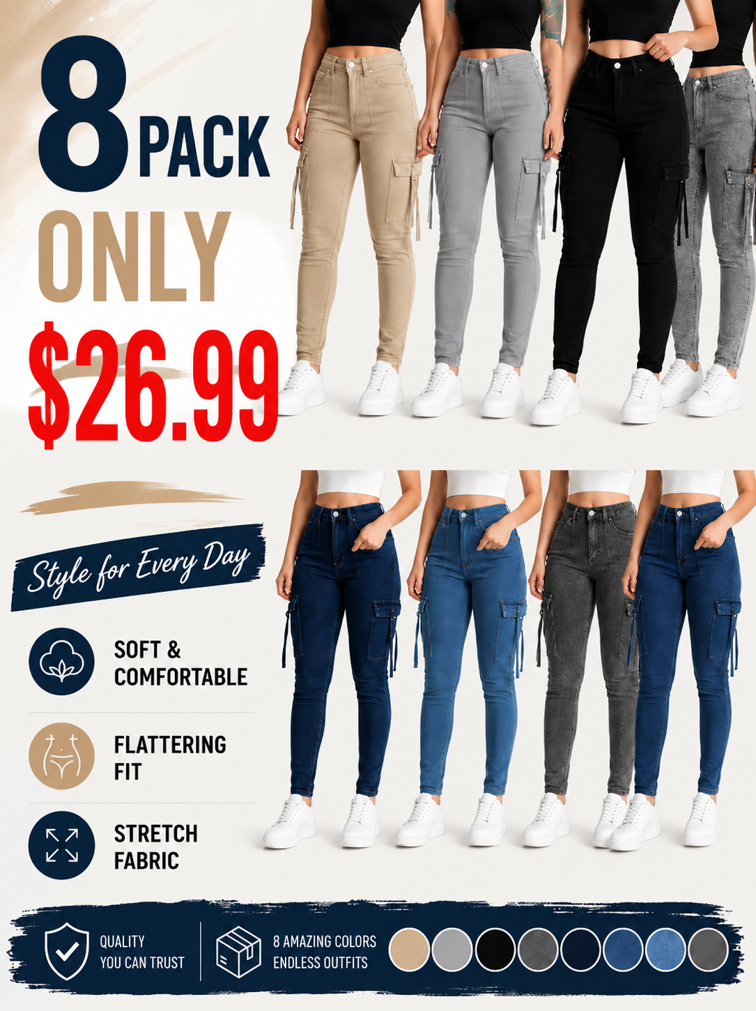 🔥MID YEAR SALE🔥Women's Plain Multi-pocket Denim Elastic Slim Fit Button Cargo Denim Pants