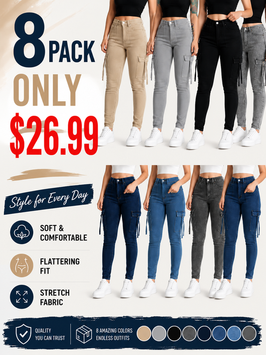 🔥MID YEAR SALE🔥Women's Plain Multi-pocket Denim Elastic Slim Fit Button Cargo Denim Pants