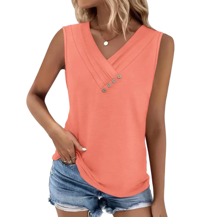 Women Summer Button Down V Neck T Shirts Sleeveless Loose Fit Fashion Tops