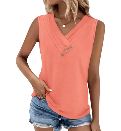 Women Summer Button Down V Neck T Shirts Sleeveless Loose Fit Fashion Tops