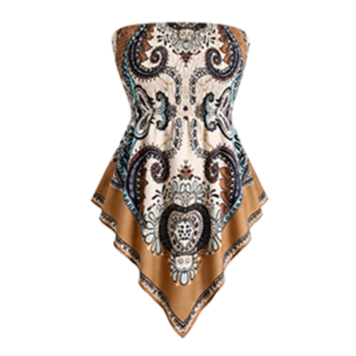 Plus Size Women's Ethnic Print Strapless Top, Bohemian Style Asymmetrical Hem Tube Top, Casual Summer Fashion Top Fit