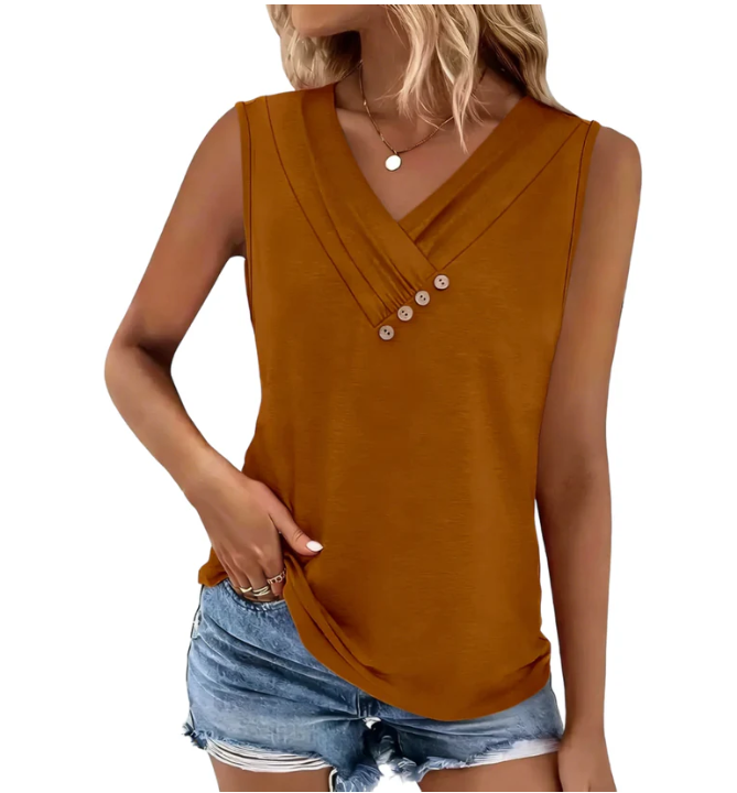 Women Summer Button Down V Neck T Shirts Sleeveless Loose Fit Fashion Tops