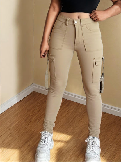🔥MID YEAR SALE🔥Women's Plain Multi-pocket Denim Elastic Slim Fit Button Cargo Denim Pants