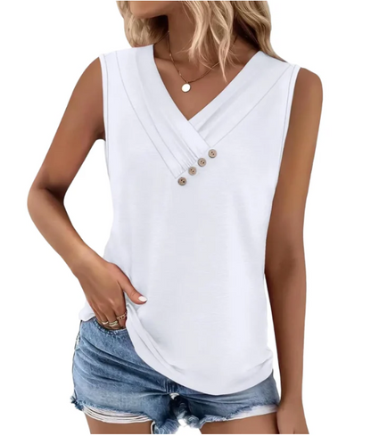 Women Summer Button Down V Neck T Shirts Sleeveless Loose Fit Fashion Tops