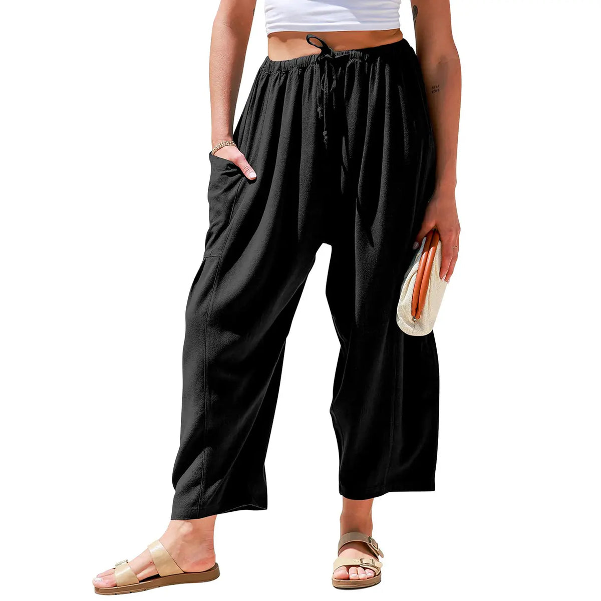 Womens Linen Blend Wide Leg Pants Oversize Casual Loose Fit Beach Palazzo Harem Pants（🎁）