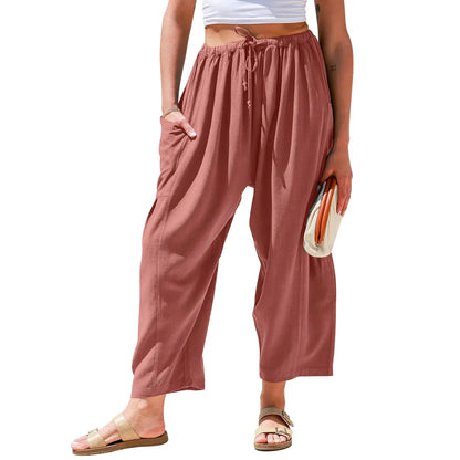 Womens Linen Blend Wide Leg Pants Oversize Casual Loose Fit Beach Palazzo Harem Pants（🎁）