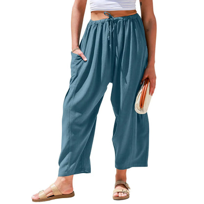 Womens Linen Blend Wide Leg Pants Oversize Casual Loose Fit Beach Palazzo Harem Pants（🎁）