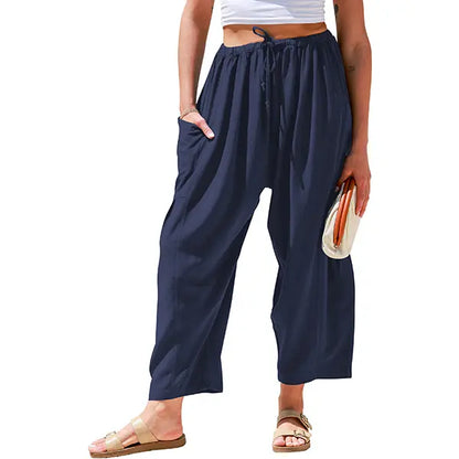 Womens Linen Blend Wide Leg Pants Oversize Casual Loose Fit Beach Palazzo Harem Pants（🎁）
