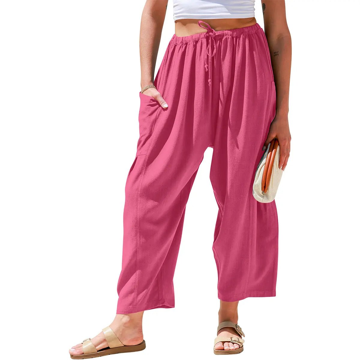 Womens Linen Blend Wide Leg Pants Oversize Casual Loose Fit Beach Palazzo Harem Pants（🎁）