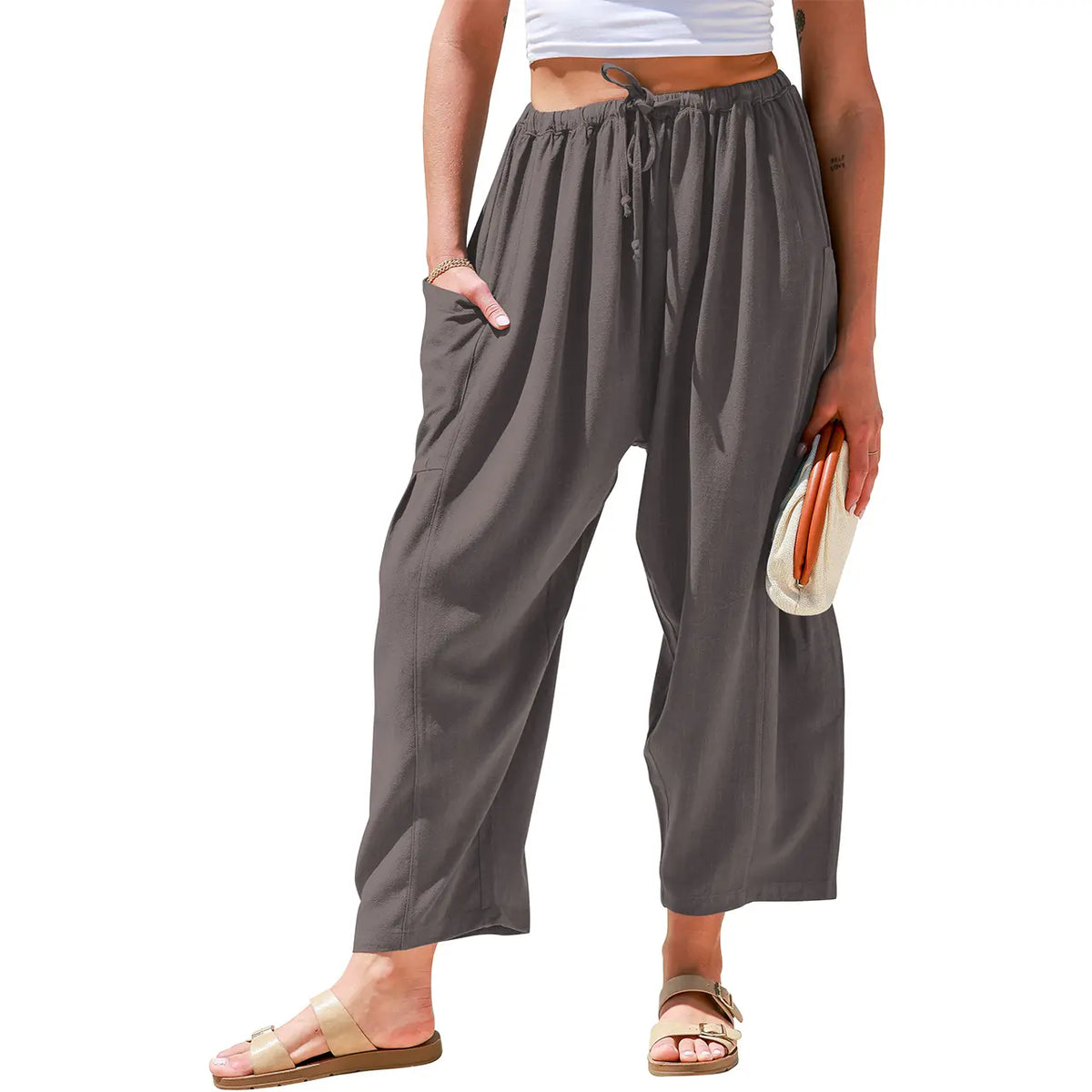 Womens Linen Blend Wide Leg Pants Oversize Casual Loose Fit Beach Palazzo Harem Pants（🎁）