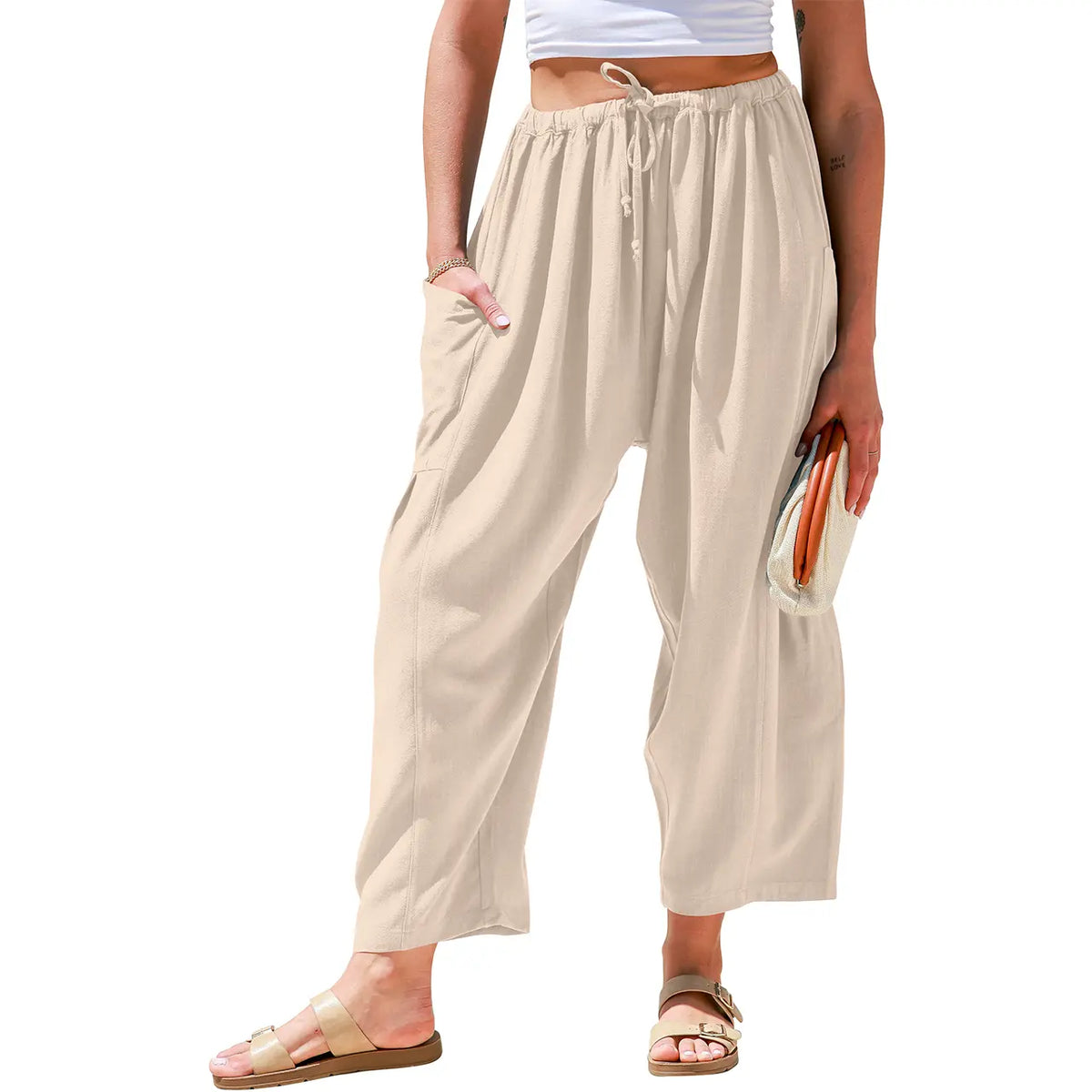 Womens Linen Blend Wide Leg Pants Oversize Casual Loose Fit Beach Palazzo Harem Pants（🎁）