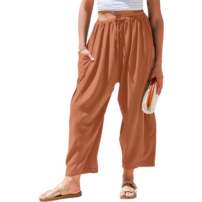 Womens Linen Blend Wide Leg Pants Oversize Casual Loose Fit Beach Palazzo Harem Pants（🎁）
