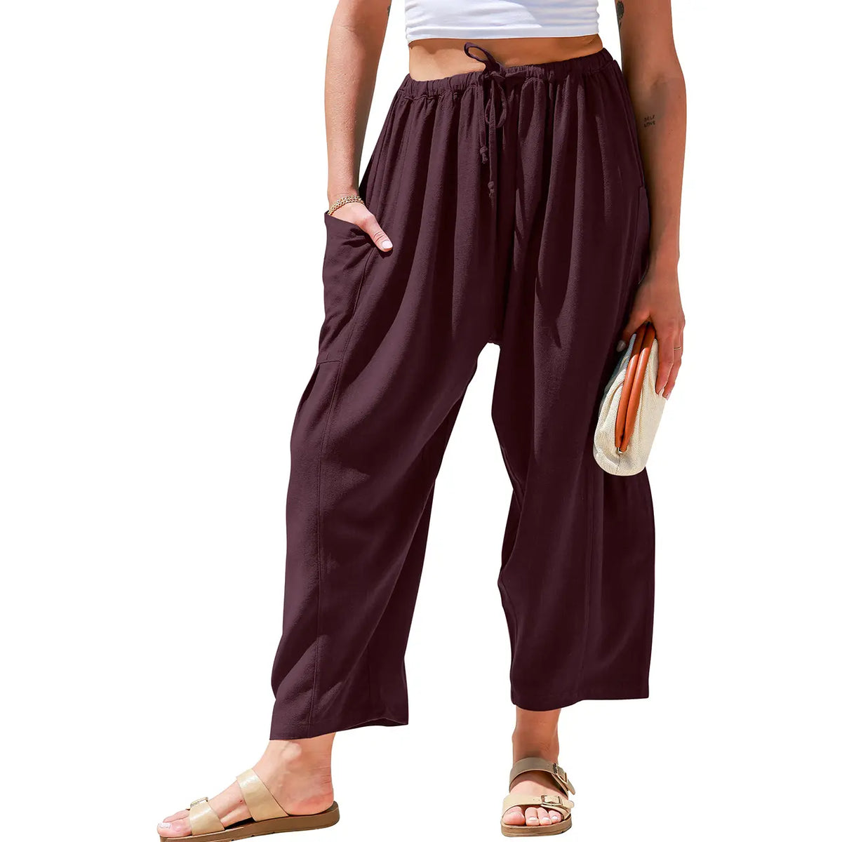 Womens Linen Blend Wide Leg Pants Oversize Casual Loose Fit Beach Palazzo Harem Pants（🎁）
