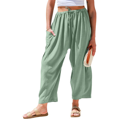 Womens Linen Blend Wide Leg Pants Oversize Casual Loose Fit Beach Palazzo Harem Pants（🎁）