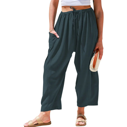 Womens Linen Blend Wide Leg Pants Oversize Casual Loose Fit Beach Palazzo Harem Pants（🎁）