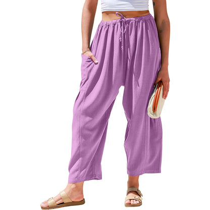 Womens Linen Blend Wide Leg Pants Oversize Casual Loose Fit Beach Palazzo Harem Pants（🎁）