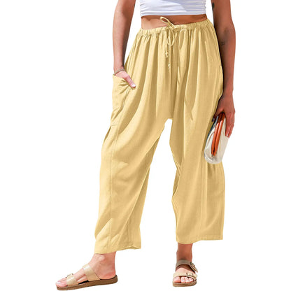 Womens Linen Blend Wide Leg Pants Oversize Casual Loose Fit Beach Palazzo Harem Pants（🎁）